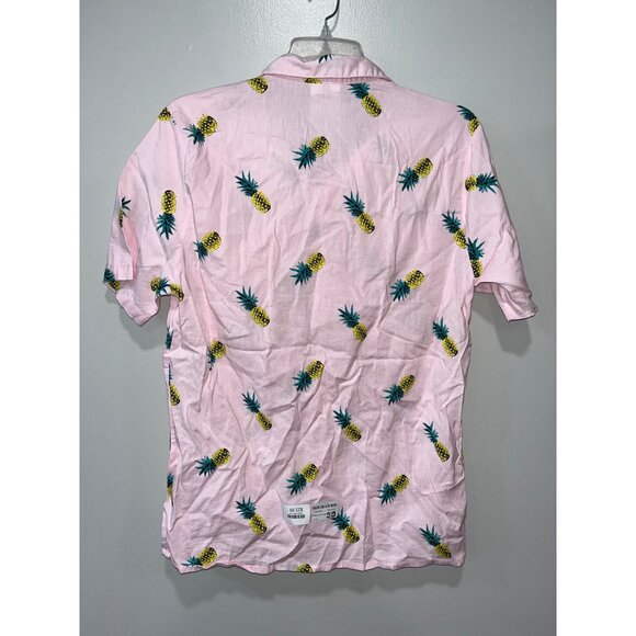 IML Mens Pineapple Print Button-Down Shirt Short Sleeve S Cotton/Rayon‎ Pink - Picture 2 of 7